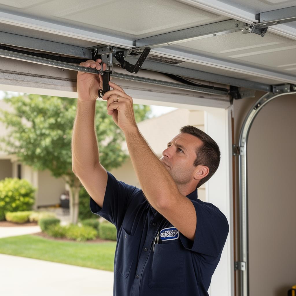 Rockland Garage Doors technician adjusting garage door track with expertise